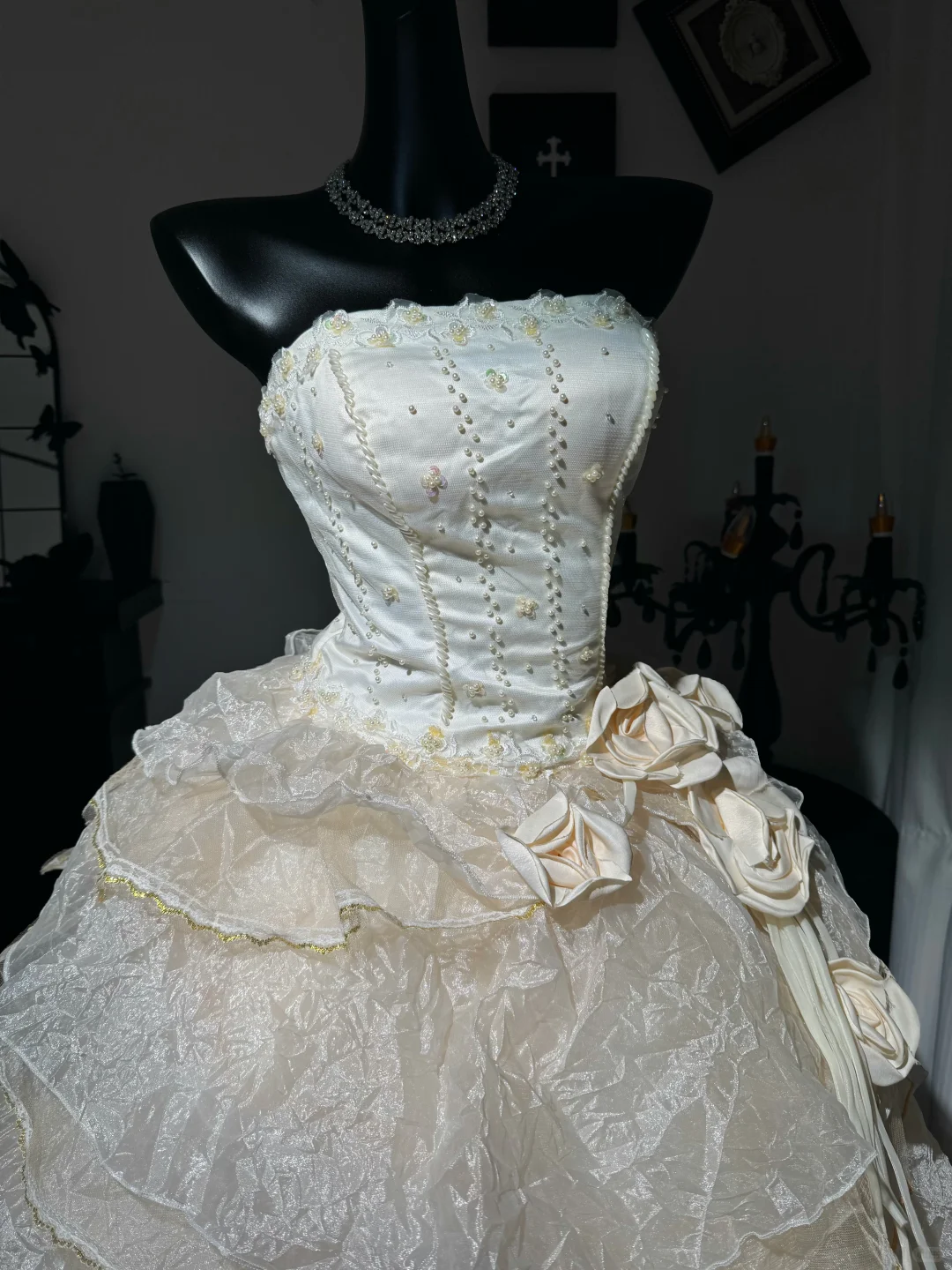Vintage Ball Gown Strapless Layered Ivory Organza Prom Dress Quinceanera Dress DP6973