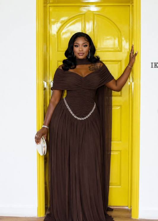 Gentle Brown A Line Off the Shoulder Beaded Chiffon Prom Dress Outfits DP6326