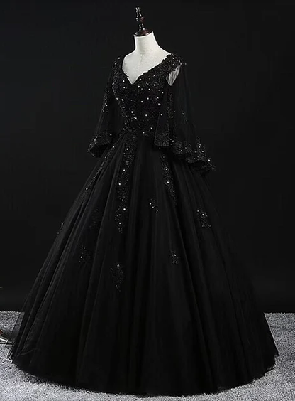 Beautiful Black Tulle With Lace Appliques Beaded Sweet 16 Dress Long Formal Prom Dress DP607