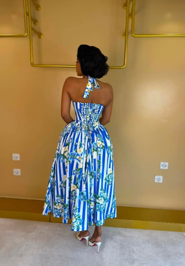 Summer A Line Halter Blue Print Stripe Satin Backless Prom Dress Outfits DP6323