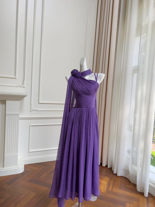 Elegant A Line Spaghetti Strap Purple Flower Chiffon Prom Dress Wedding Guest Dress DP2453