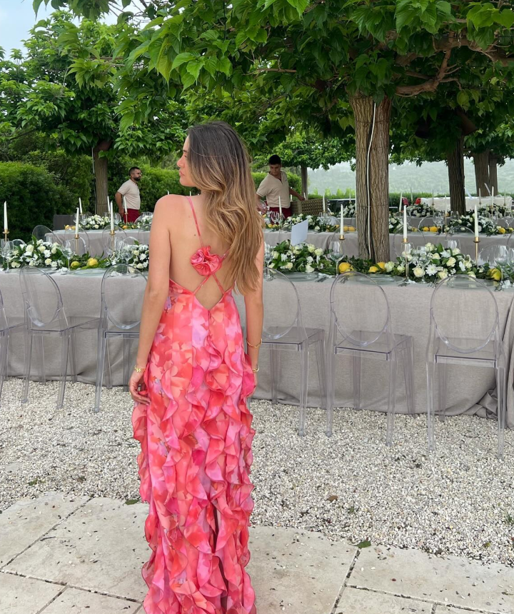 Pink Sheath Straps Print Floral Ruffle Chiffon Long Prom Dress Graduation Prom Dress DP4960