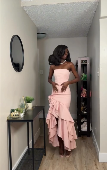 Pink Mermaid Strapless Ruffle Satin Long Prom Dress with Slit DP4367