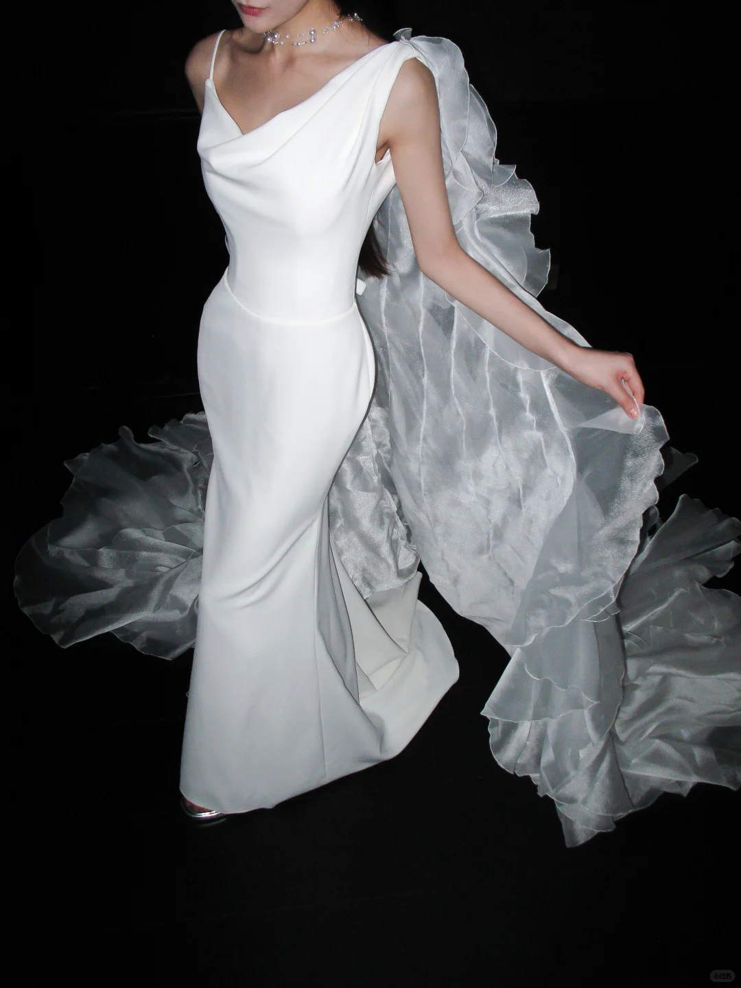 Unique A Line Spaghetti Strap White Ruffle Tulle Satin Long Train Wedding Dress DP8102