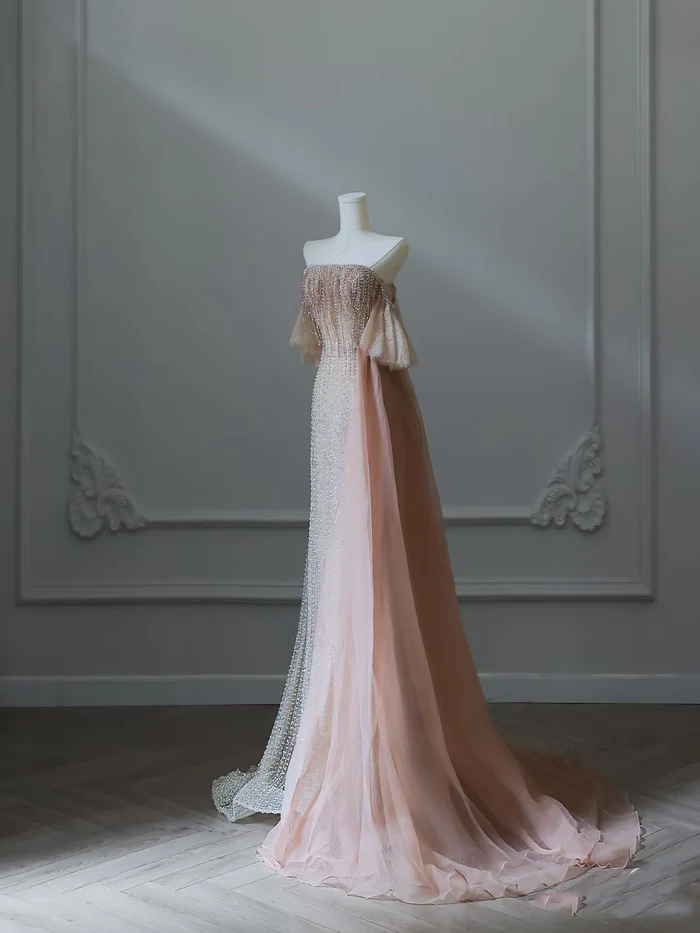 Exquisite A Line Strapless Pearl Beaded Tulle Long Prom Dresses Evening Gowns Party Dress DP3045