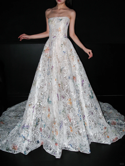 Colorful A Line Strapless White Exquisite Lace Long Wedding Dress DP8083