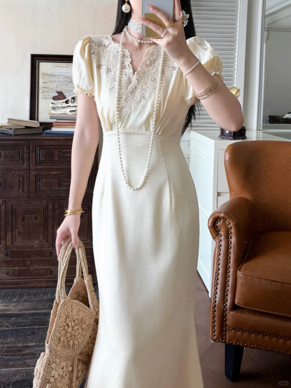 Vintage Pretty A Line Puff Sleeve Lace Satin Long Prom Dress Evening Dress DP6464