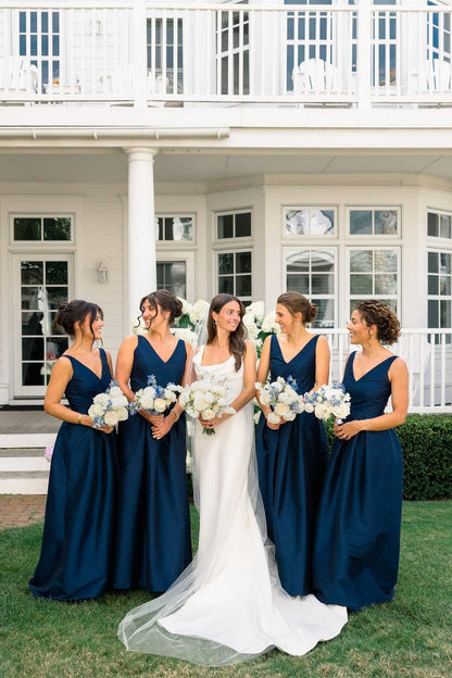 V-neck Navy Blue A-line Bridesmaid Dress DP5873