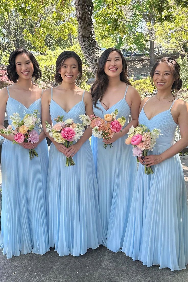 V-neck Light Blue Pleated A-line Bridesmaid Dress DP5880