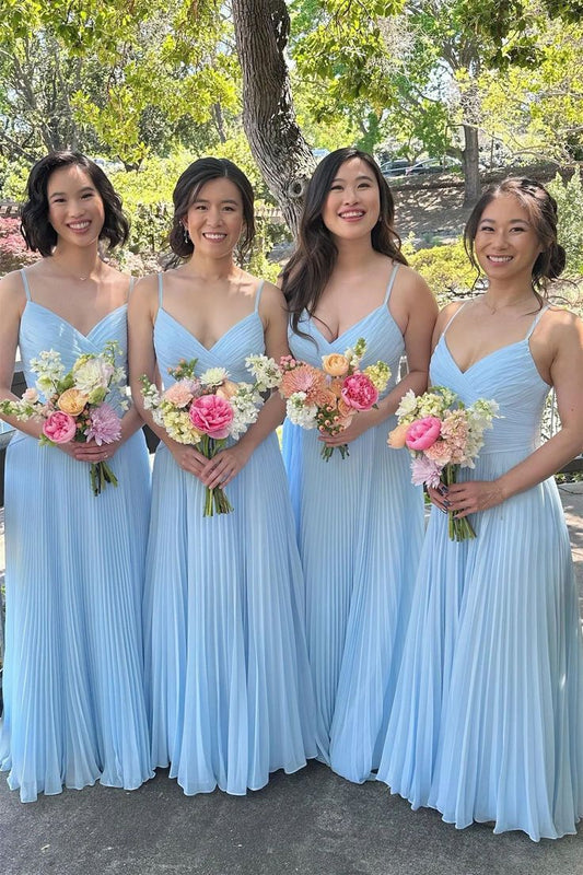 V-neck Light Blue Pleated A-line Bridesmaid Dress DP5880