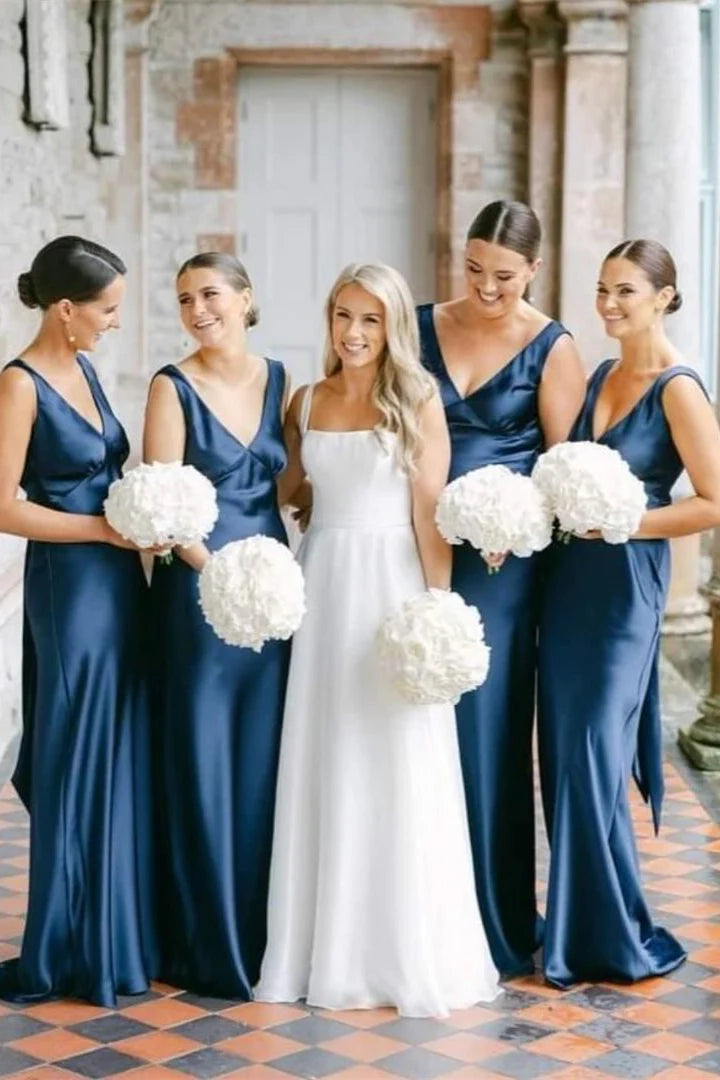 V-neck Navy Blue Satin Bridesmaid Dress DP5870