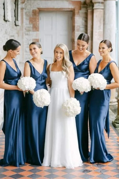 V-neck Navy Blue Satin Bridesmaid Dress DP5870