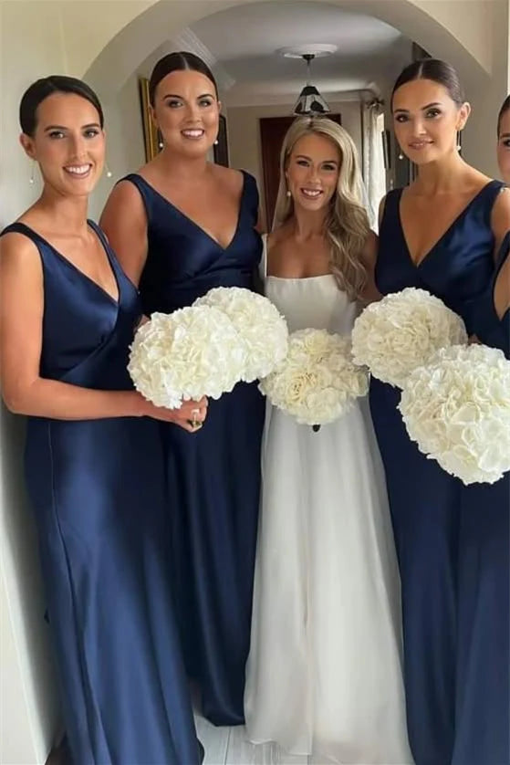 V-neck Navy Blue Satin Bridesmaid Dress DP5870