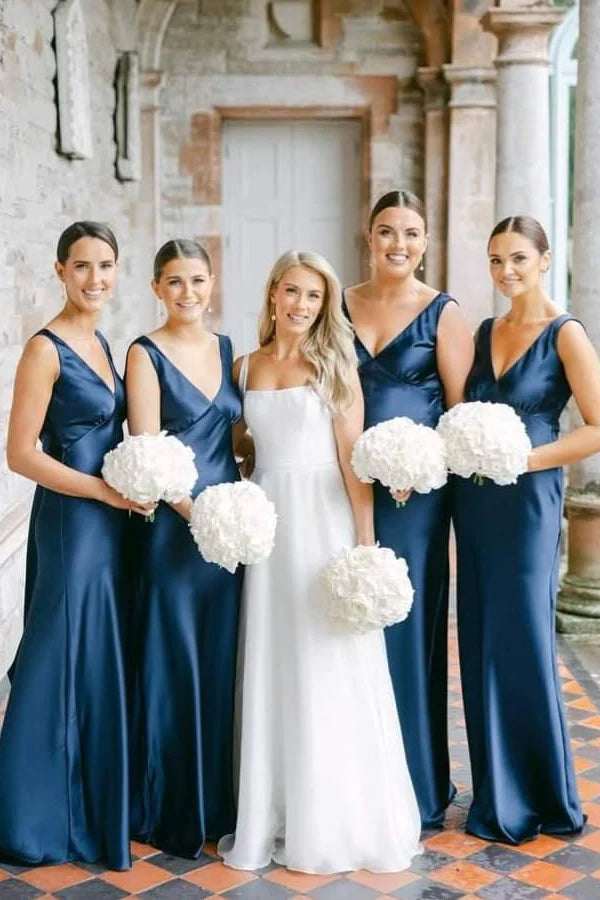 V-neck Navy Blue Satin Bridesmaid Dress DP5870