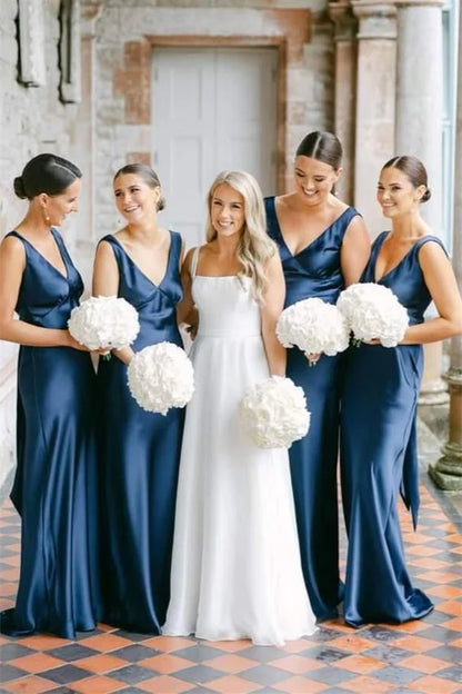 V-neck Navy Blue Satin Bridesmaid Dress DP5870