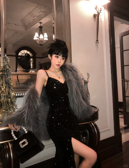 Sexy Black Sheath Spaghetti Straps Sequin Prom Dress Evening Dress DP5768