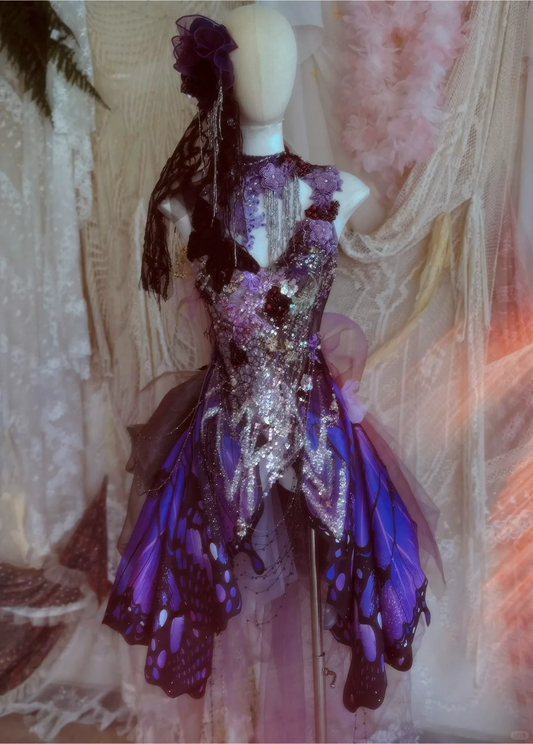 Purple Butterfly Ball Gown V Neck Exquisite Beaded Satin Tulle 16th Birthday Dress Prom Dress DP3813