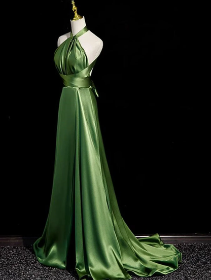 Green Satin Halter Long Evening Dress Slit Party Dress DP516