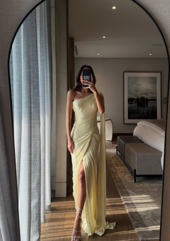 Light Yellow Sheath One Shoulder Pleated Chiffon Prom Dress Date Dress DP4754