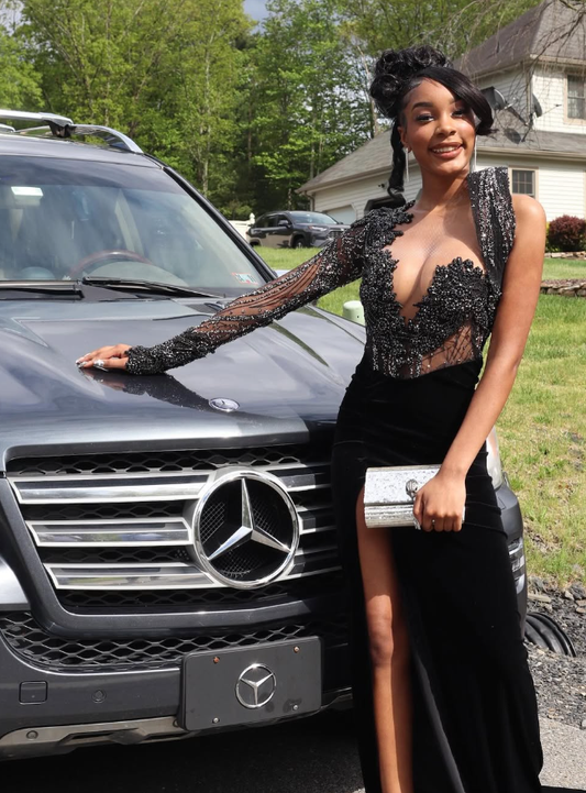 Gorgeous Sheath V Neck Long Sleeve Beaded Black Velvet Prom Dress Evening Dress DP1817