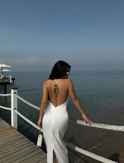 White Sheath Halter Satin Backless Long Prom Dress Party Dress DP8209