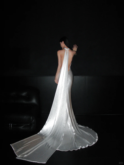 Classic Simple Mermaid Halter White Satin Wedding Dress DP5175