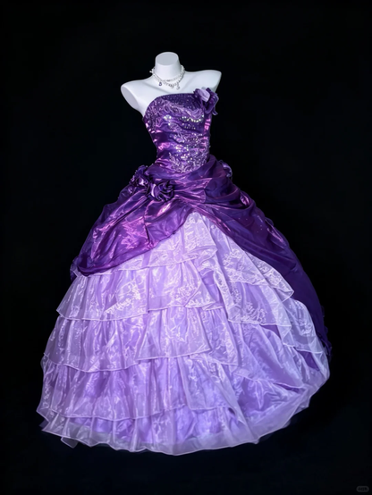 Vintage A Line Strapless Beaded Layered Organza Satin Prom Dress Party Evening Dress DP5345