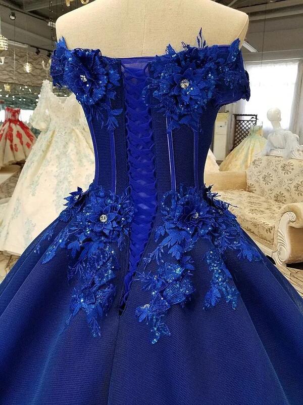 Royal Blue Off-The-Shoulder Evening Dress Appliques Formal Prom Dress Quinceanera Dress Ball Gown DP157