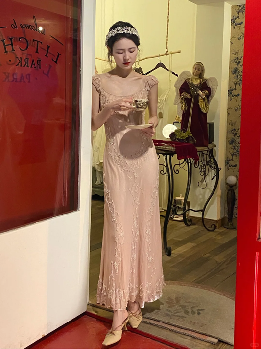 Vintage Pink Sheath Beaded Chiffon Prom Dress Evening Dress DP4005