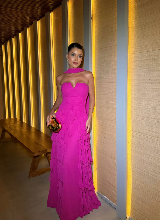 Hot Pink A Line Strapless Ruffle Chiffon Long Prom Dress Evening Dress DP6779