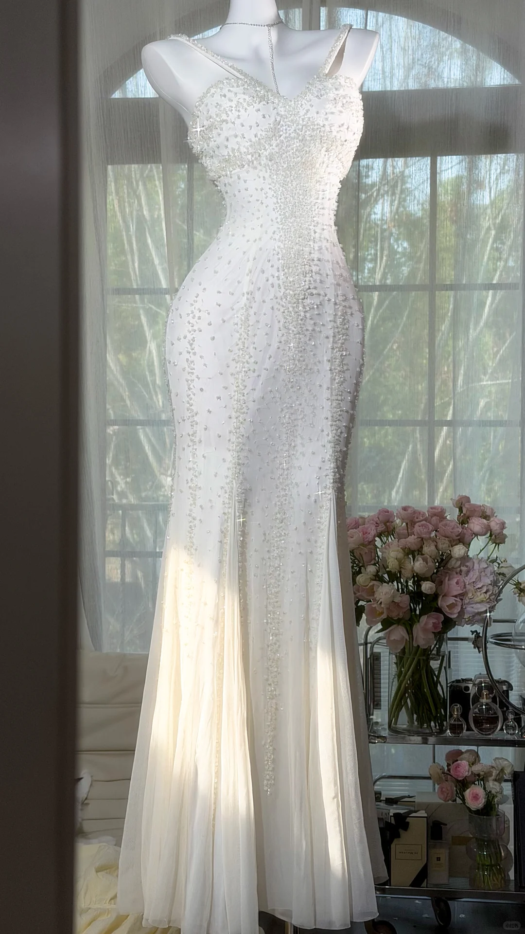 2000s Vintage White Mermaid Shiny Beaded Chiffon Long Prom Dress DP5151
