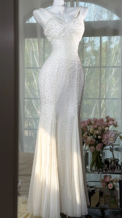 2000s Vintage White Mermaid Shiny Beaded Chiffon Long Prom Dress DP5151