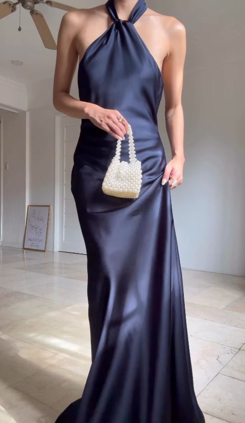 Simple Sheath Halter Navy Blue Satin Open Back Graduation Prom Dress DP4875