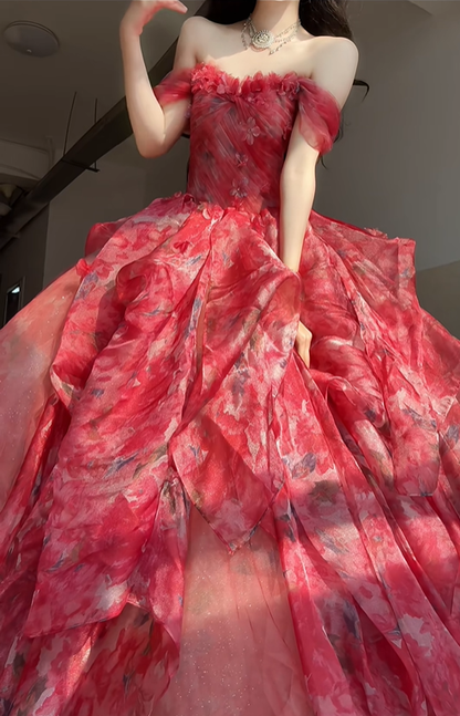 Red A Line Off the Shoulder Print Floral Chiffon Tulle Prom Dress Graduation Ball Gown DP4567
