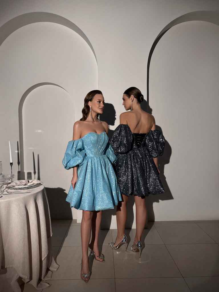 Shiny Ball Gown Puff Blue Sequin Short Prom Dress Homecoming Dress DP3934