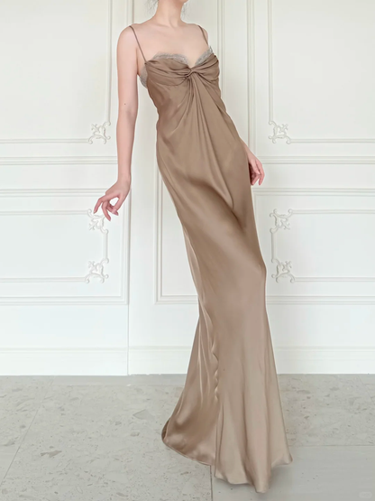 Simple Sheath Spaghetti Strap Brown Satin Long Prom Dress Evening Dress DP6447