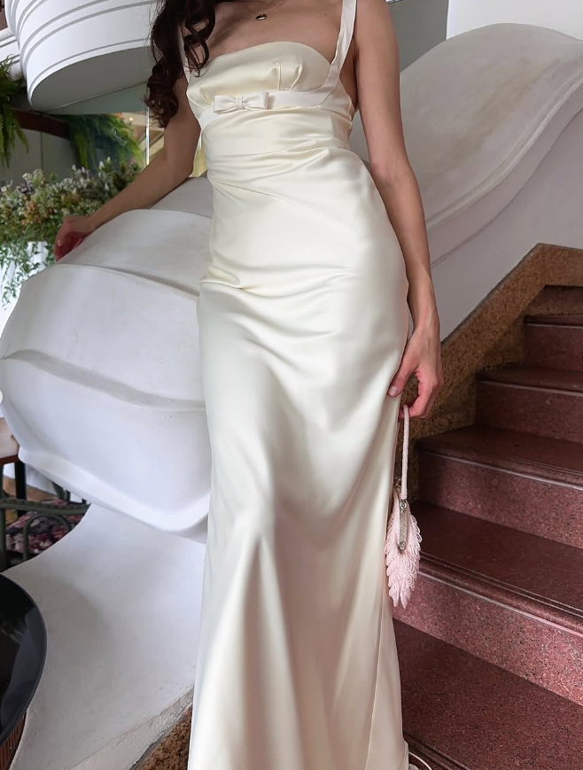 Ivory Sheath Straps Bow Satin Long Prom Dress DP4952