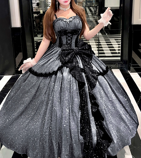Stunning Black Bow A Line Sequin Lolita Goth Boning Dress Prom Dress DP4506