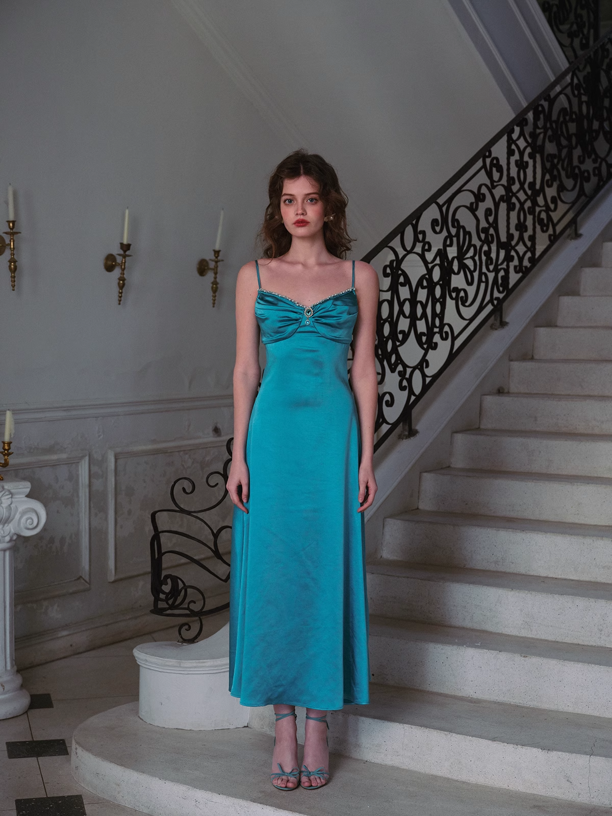 Simple Elegant A Line Spaghetti Strap Blue Satin Party Dress Evening Dress DP2745