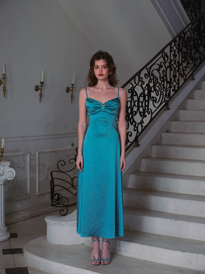 Simple Elegant A Line Spaghetti Strap Blue Satin Party Dress Evening Dress DP2745