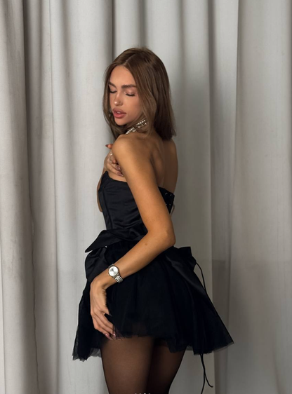 Black Strapless Short Homecoming Dress Satin Party Dress DP673