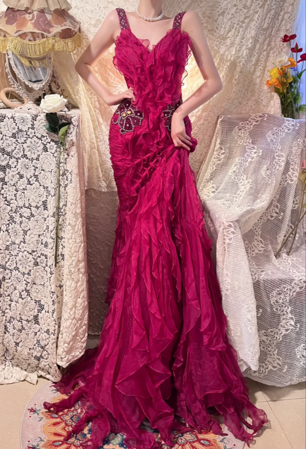 Hot Pink Mermaid Straps Beaded Ruffle Organza Long Prom Dress Date Dress DP4272