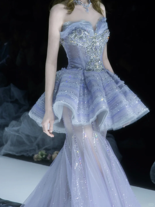 Purple Mermaid Sweetheart Neck Silver Appliques Sequin Tulle Long Prom Dress DP2838