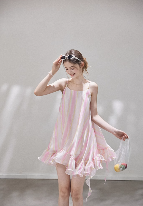 Cute Pink Stripe A Line Spaghetti Strap Satin Short Homecoming Dress Vacation Dress DP3648