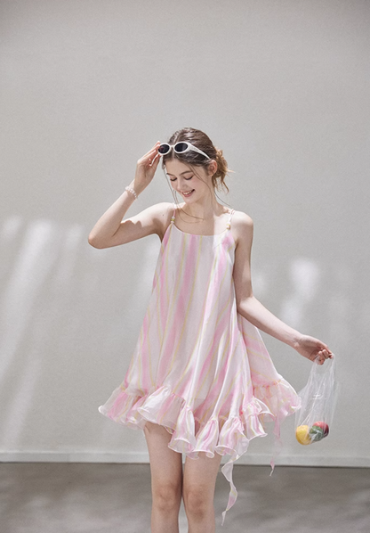 Cute Pink Stripe A Line Spaghetti Strap Satin Short Homecoming Dress Vacation Dress DP3648