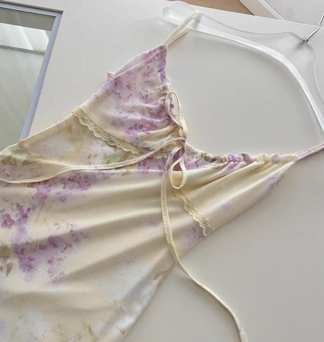 Gentle Sheath Spaghetti Straps Purple Floral Yellow Tulle Vacation Dress Prom Dress Outfits DP3550
