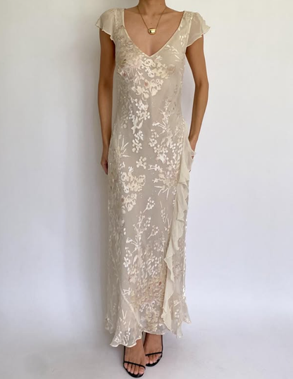 Vintage Apricot Sheath V Neck Print Floral Chiffon Prom Dress Party Dress DP3689