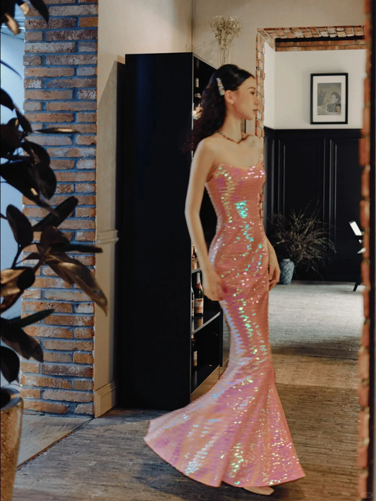 Stunning Mermaid Strapless Pink Sequin Long Party Dress Evening Dress DP2555