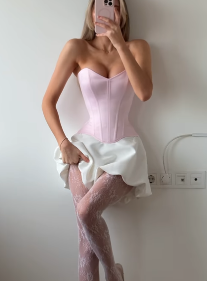 Cute A Line Sweetheart Neck Corset White Pink Satin Short Party Dress Homecoming Dress Birthday Dress DP3004