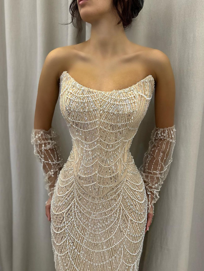 Luxurious Sheath Strapless Beaded Pearl Champagne Satin Prom Dress DP5732